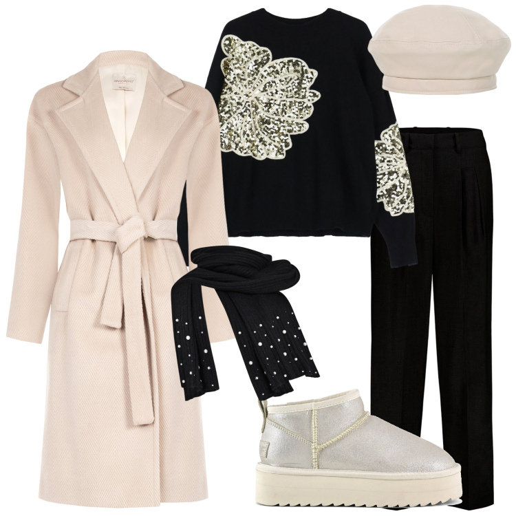 Outfit donna - New year. Stile Casual chic per Tutti i giorni. Abbinamento con cappotti, sciarpe, maglieria, cappelli e berretti, stivaletti, pantaloni.