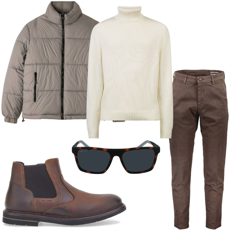 Outfit uomo - Piumino per la giornata meravigliosa. Stile Casual per Tutti i giorni. Abbinamento con piumini, stivali e stivaletti, occhiali da sole, pantaloni, maglieria.