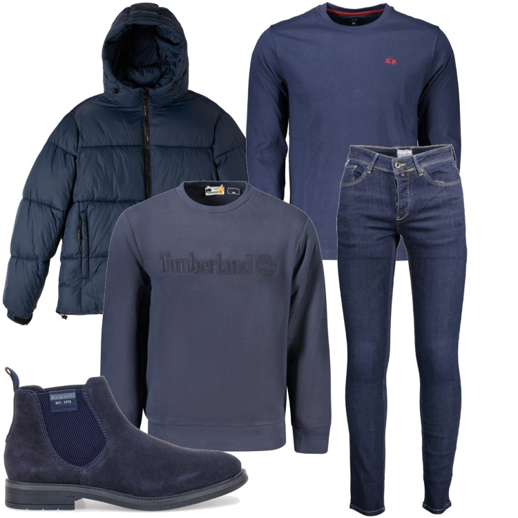Outfit uomo - In blu. Stile Casual per Tutti i giorni. Abbinamento con piumini, stivali e stivaletti, felpe, jeans slim fit, t-shirt.