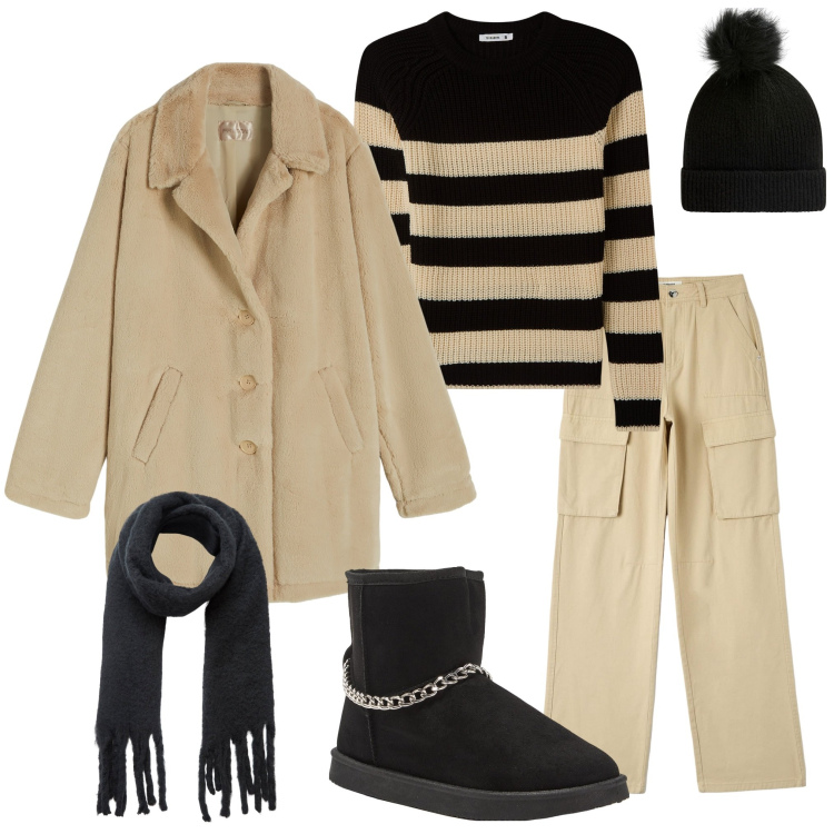 Outfit donna - New year. Stile Casual per Tutti i giorni. Abbinamento con maglieria, pantaloni cargo, stivaletti, sciarpe, berretti, cappotti.