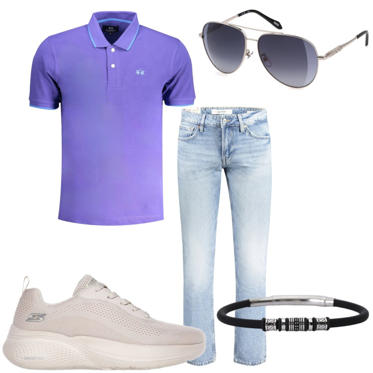 Outfit uomo - A casa di amici. Stile Casual per Tutti i giorni. Abbinamento con braccialetti, sneakers, occhiali da sole, jeans, polo.