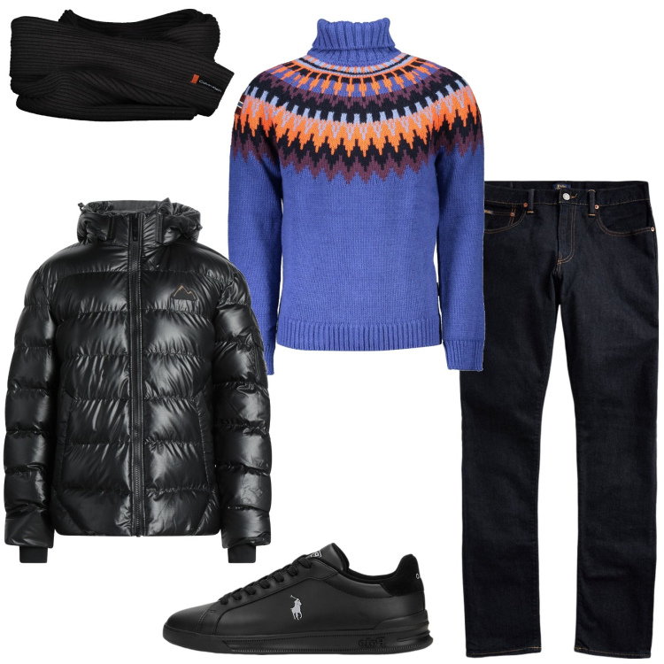 Outfit uomo - 1° gennaio passeggiata in montagna. Stile Casual per Tutti i giorni. Abbinamento con piumini, jeans, sneakers, maglieria, sciarpe.