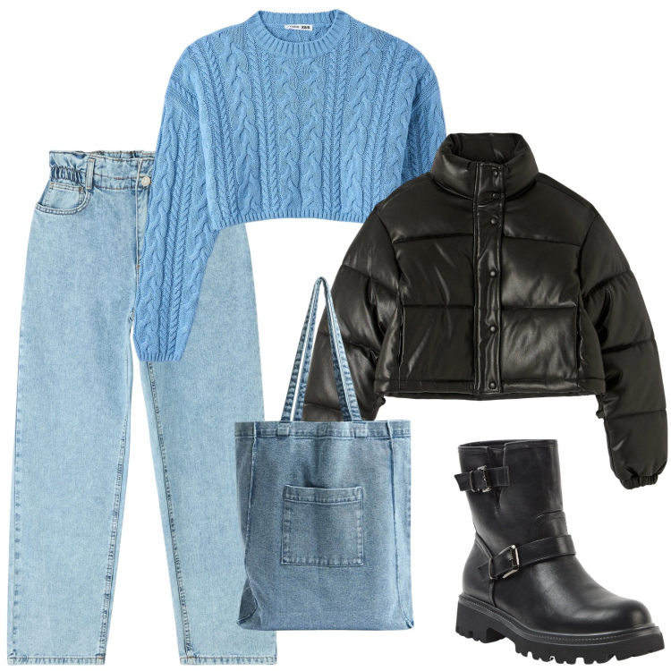 Outfit donna - Terranova, saldi invernali. Stile Urban per Scuola/Università. Abbinamento con stivaletti, piumini, jeans, shopping bag, maglieria.