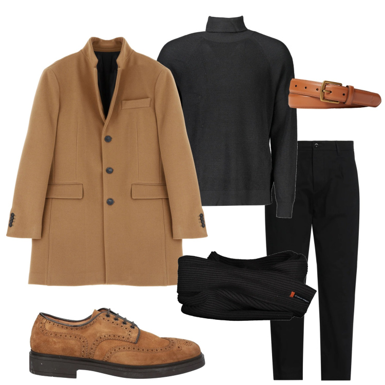 Outfit uomo - Il cappotto. Stile Business/Elegante per Ufficio. Abbinamento con scarpe stringate, pantaloni, cappotti, cinture, sciarpe, maglieria.