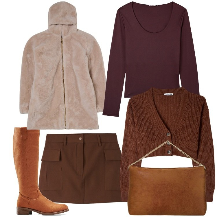 Outfit donna - In marrone. Stile Casual chic per Serata fuori. Abbinamento con stivali, ecopellicce, t-shirt, cardigans, gonne, pochette.