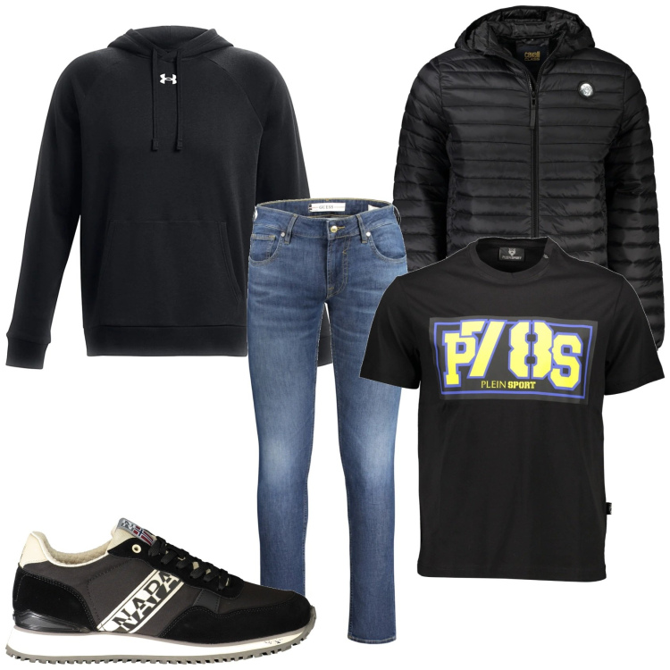 Outfit uomo - In mattinata. Stile Urban per Tutti i giorni. Abbinamento con felpe con cappuccio, giacche, sneakers, jeans skinny, t-shirt.