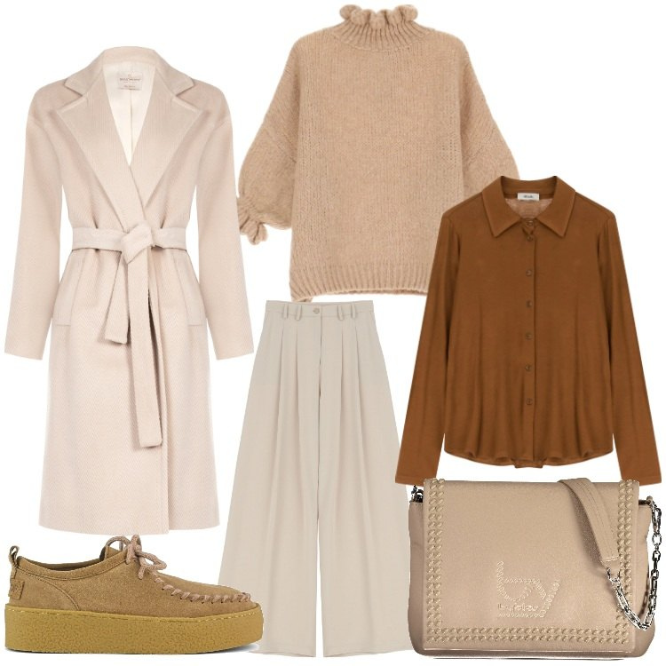 Outfit donna - A strati. Stile Casual chic per Ufficio. Abbinamento con pantaloni, maglieria, cappotti, camicie, mocassini, borse a spalla.