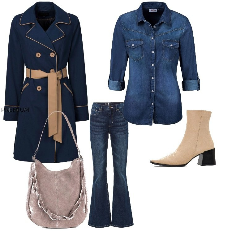 Outfit donna - I jeans a zampa. Stile Casual chic per Ufficio. Abbinamento con jeans a zampa, trench, camicie, borse a mano, stivaletti.