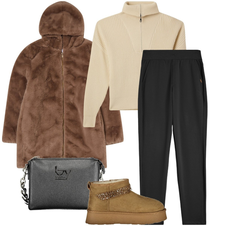 Outfit donna - Stare al caldo. Stile Minimal per Tutti i giorni. Abbinamento con maglieria, ecopellicce, pantaloni, stivali, borse a spalla.