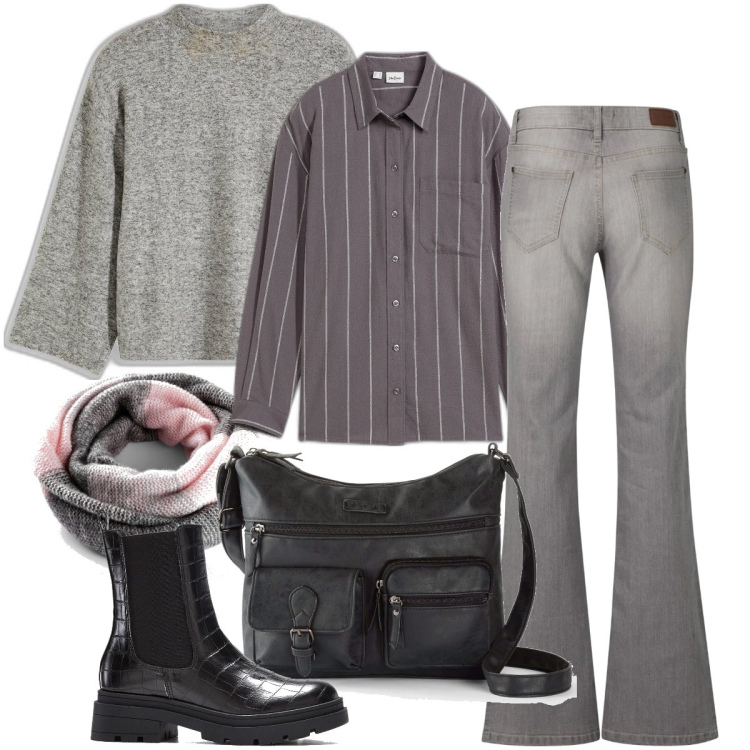 Outfit donna - Bonprix tendenze in denim. Stile Urban per Tutti i giorni. Abbinamento con borse a tracolla, foulard, jeans bootcut, maglieria, stivaletti chelsea, camicie.