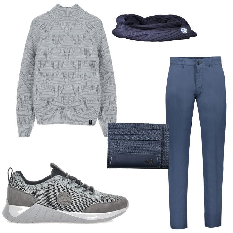 Outfit uomo - Momenti relax. Stile Urban per Tutti i giorni. Abbinamento con maglieria, sneakers, portafogli, pantaloni, sciarpe.