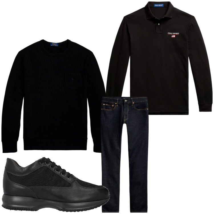Outfit uomo - Guardiamo la partita a casa mia. Stile Casual per Tutti i giorni. Abbinamento con sneakers, jeans, polo, maglieria.