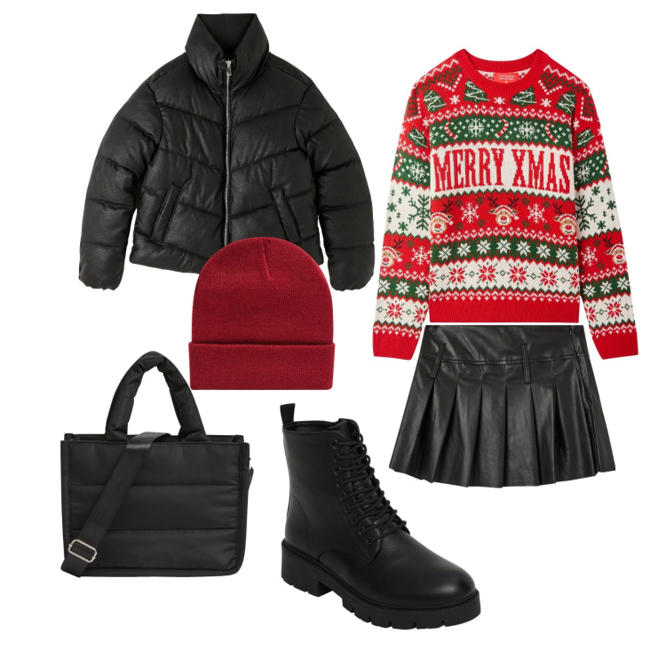 Outfit donna - Inverno casual. Stile Rock per Tutti i giorni. Abbinamento con minigonne, shopping bag, anfibi, berretti, maglieria, piumini.