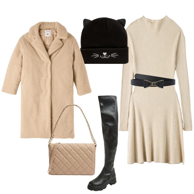 Outfit donna - Inverno casual. Stile Casual chic per Tutti i giorni. Abbinamento con vestiti midi/longuette, cinture, stivali, cappotti, berretti, borse a tracolla.