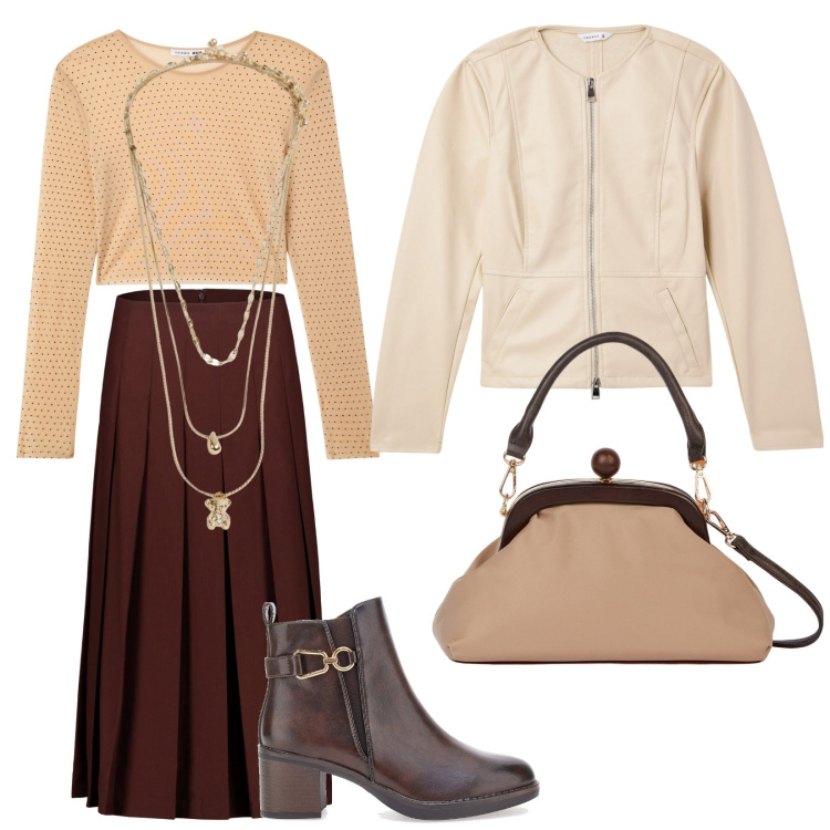 Outfit donna - Total look #2029648. Stile Casual chic per Ufficio. Abbinamento con blazer, maglieria, ciondoli, stivaletti, gonne longuette, clutch.
