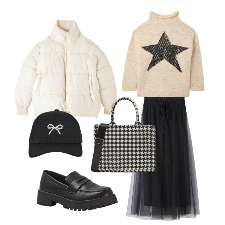 Outfit donna - Inverno casual. Stile Casual chic per Tutti i giorni. Abbinamento con cappelli con visiera, gonne lunghe, piumini, maglieria, shopping bag, mocassini.