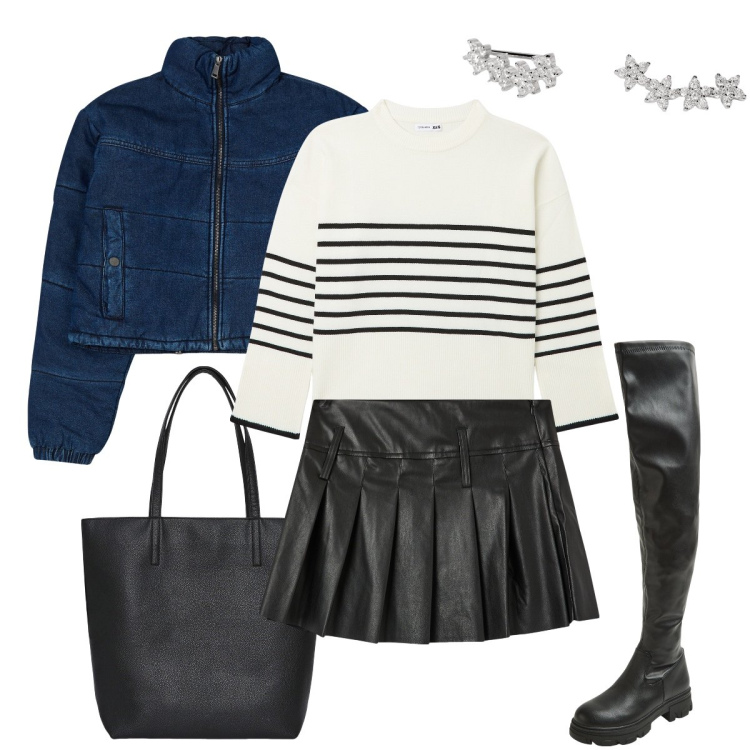 Outfit donna - Terranova stile preppy. Stile Preppy per Serata fuori. Abbinamento con minigonne, blazer, borse tote, maglieria, stivali, orecchini.