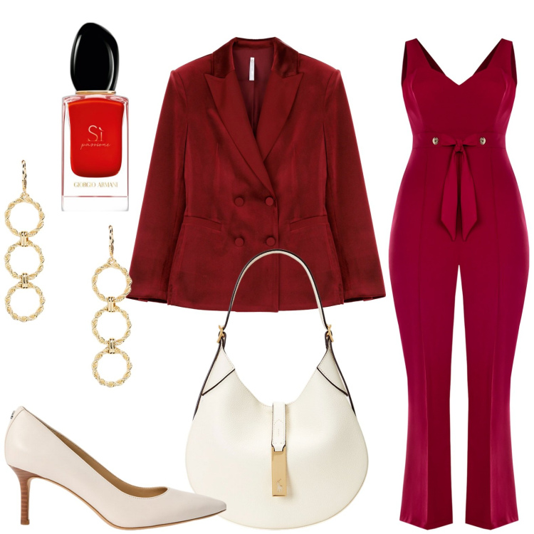 Outfit donna - Tonalità calde per gennaio. Stile Bon Ton per Serata fuori. Abbinamento con profumi, tute, blazer, orecchini, borse a spalla, décolleté.