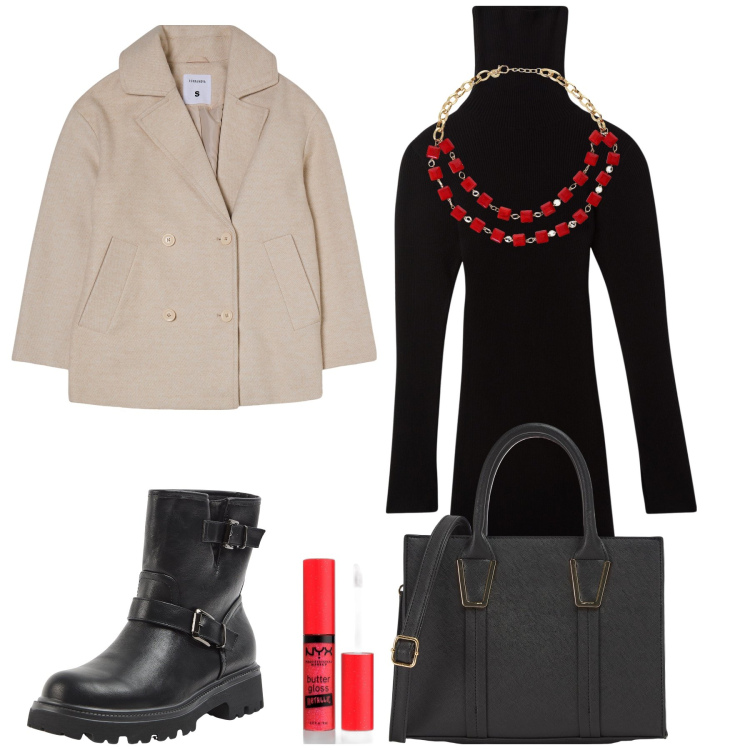 Outfit donna - Winter. Stile Urban per Tutti i giorni. Abbinamento con gloss, vestiti corti, caban, shopping bag, stivaletti, collane.