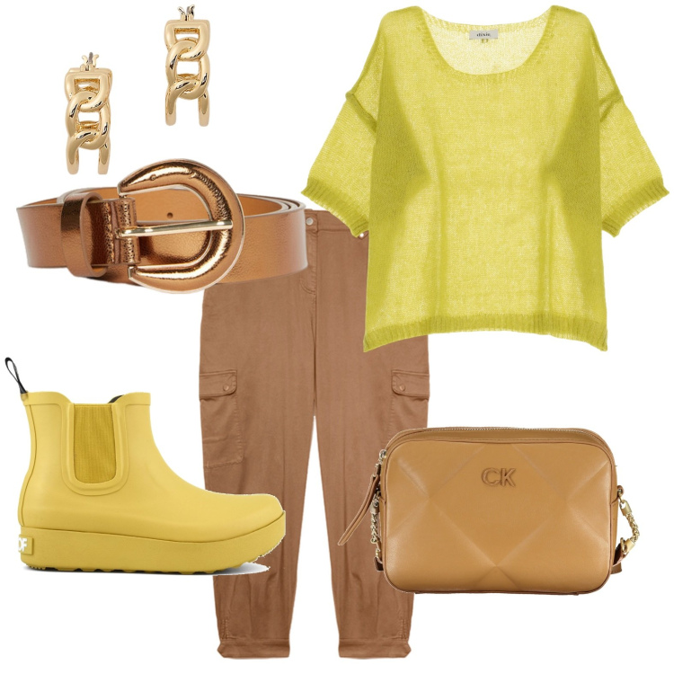 Outfit donna - Tonalità calde per gennaio. Stile Bon Ton per Tutti i giorni. Abbinamento con pullovers, orecchini, stivali, pantaloni cargo, borse a tracolla, cinture.