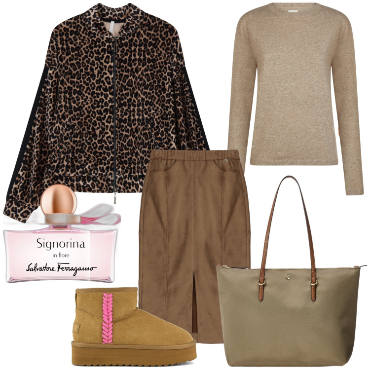 Outfit donna - Total look. Stile Trendy per Ufficio. Abbinamento con profumi, gonne longuette, bomber, borse tote, stivaletti, maglieria.