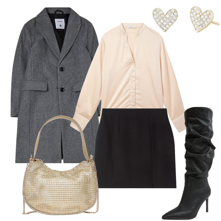 Outfit donna - Terranova glamour. Stile Glamour per Serata fuori. Abbinamento con minigonne, cappotti, borse a spalla, stivali, camicie, orecchini.