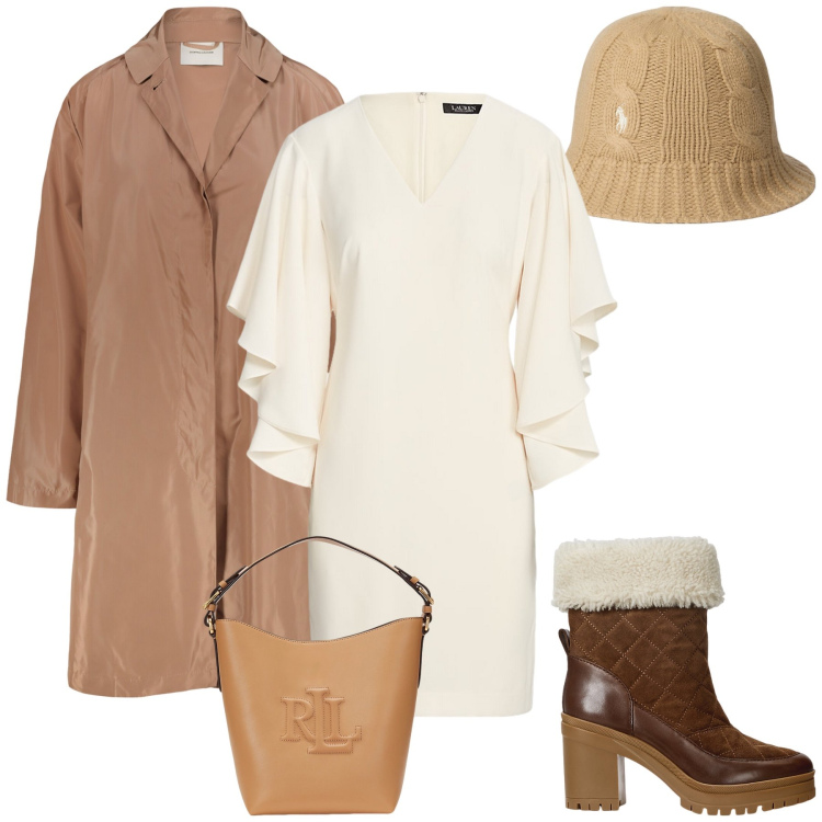 Outfit donna - L abito caldo. Stile Glamour per Serata fuori. Abbinamento con vestiti, stivaletti, borse a secchiello, cappelli, trench.