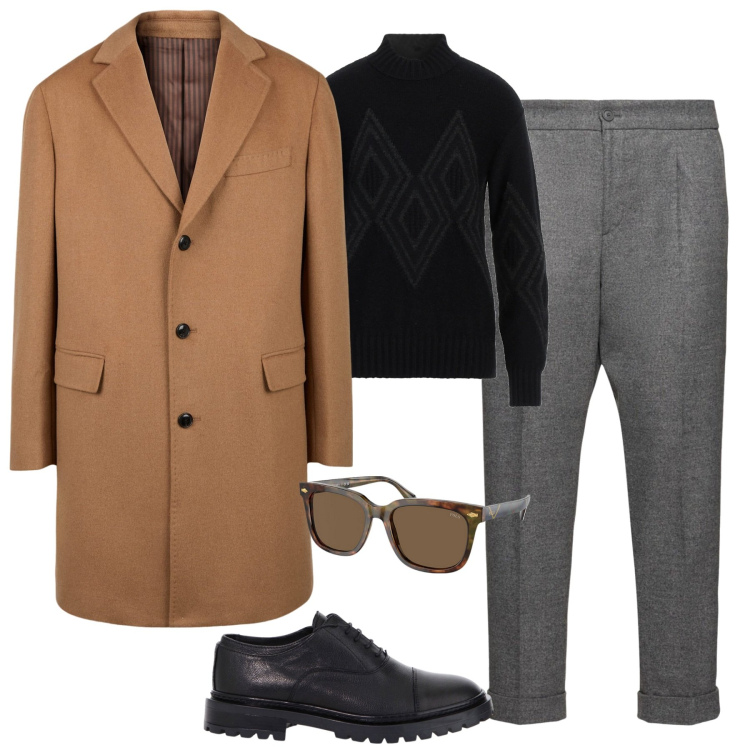 Outfit uomo - Il cappotto cammello must have. Stile Business/Elegante per Tutti i giorni. Abbinamento con maglieria, scarpe stringate, occhiali da sole, cappotti, pantaloni.