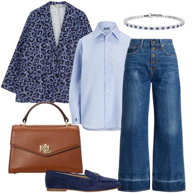 Outfit donna - Il blazer animalier. Stile Trendy per Ufficio. Abbinamento con braccialetti, blazer, borse a mano, camicie, jeans, mocassini.