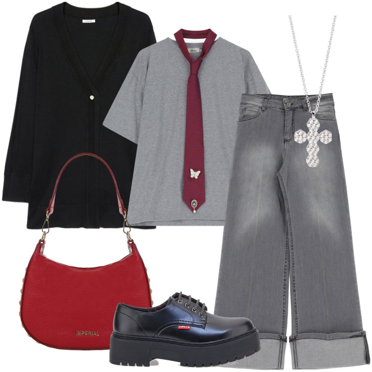 Outfit donna - La t-shirt con la cravatta. Stile Trendy per Tutti i giorni. Abbinamento con ciondoli, t-shirt, jeans, borse a spalla, francesine, cardigans.