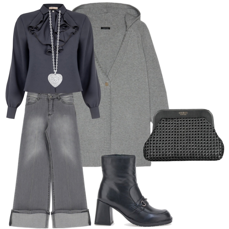 Outfit donna - Il Dopo feste. Stile Casual chic per Ufficio. Abbinamento con collane, camicie, jeans, stivaletti, borse a mano, cardigans.