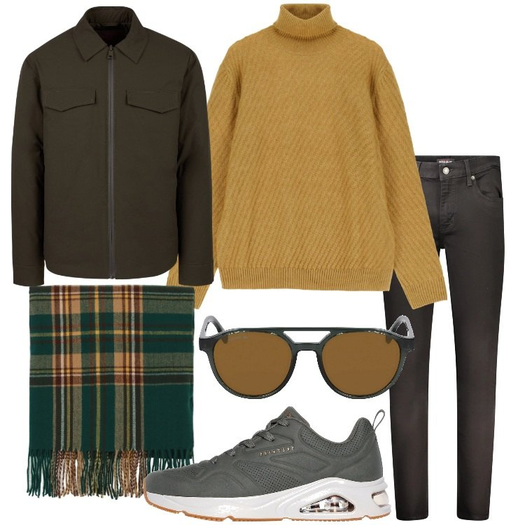 Outfit uomo - Eleganza rilassata per il weekend. Stile Casual per Tutti i giorni. Abbinamento con maglieria, sciarpe, sneakers, piumini, occhiali da sole, jeans skinny.