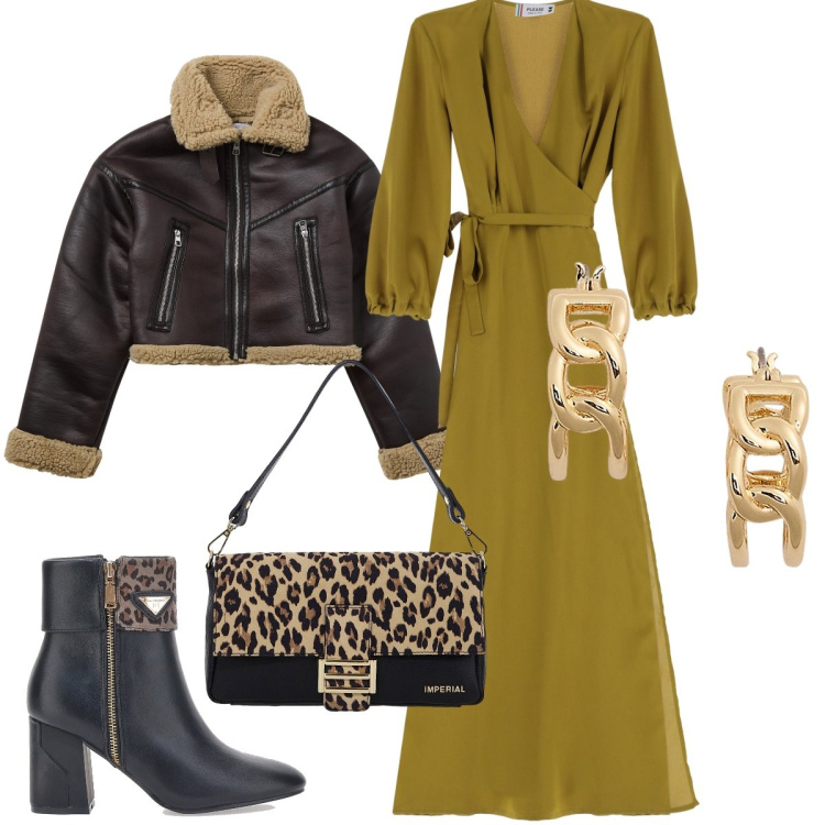 Outfit donna - Dettagli animalier per il nuovo anno. Stile Trendy per Serata fuori. Abbinamento con blazer, vestiti lunghi, borse a spalla, orecchini, stivaletti.