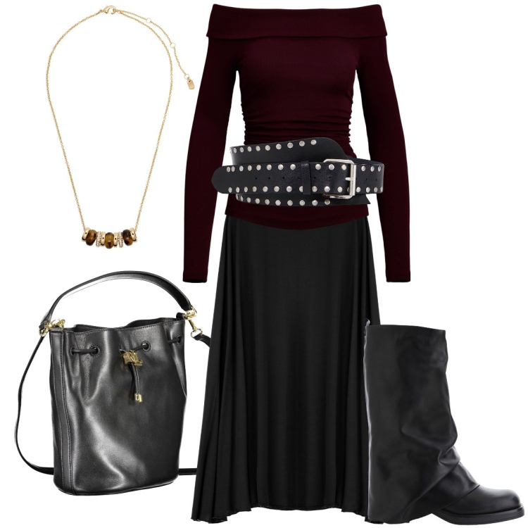 Outfit donna - La cintura per il punto vita. Stile Trendy per Serata fuori. Abbinamento con stivali, cinture, gonne lunghe, collane, maglieria, borse a mano.