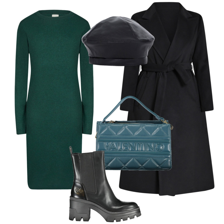 Outfit donna - New year, new Layers. Stile Casual chic per Tutti i giorni. Abbinamento con cappotti, cappelli e berretti, vestiti midi/longuette, stivali, borse a spalla.