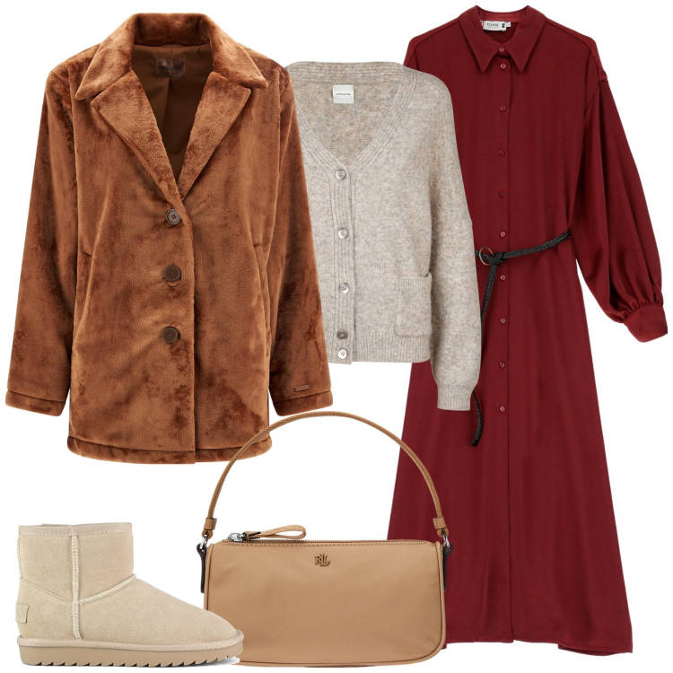 Outfit donna - Al calduccio col vestito. Stile Casual chic per Ufficio. Abbinamento con vestiti lunghi, cappotti, pochette, stivali, cardigans.