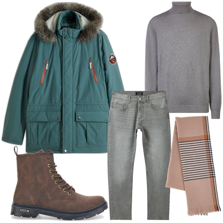 Outfit uomo - Il cappotto che fa la differenza. Stile Urban per Tutti i giorni. Abbinamento con parka, jeans, sciarpe, anfibi, maglieria.