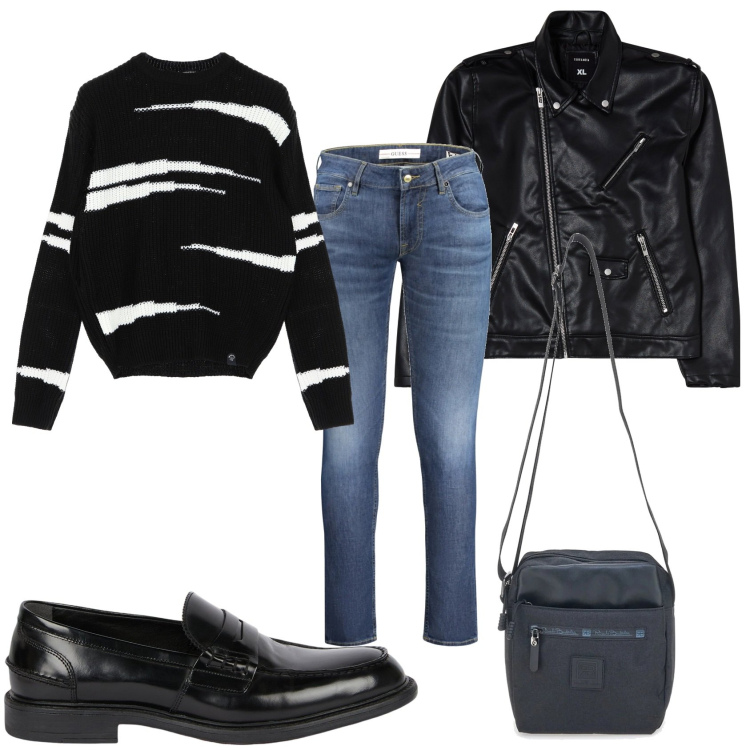 Outfit uomo - Invito a casa di amici. Stile Trendy per Tutti i giorni. Abbinamento con giacche, maglieria, portafogli, scarpe stringate, jeans skinny.