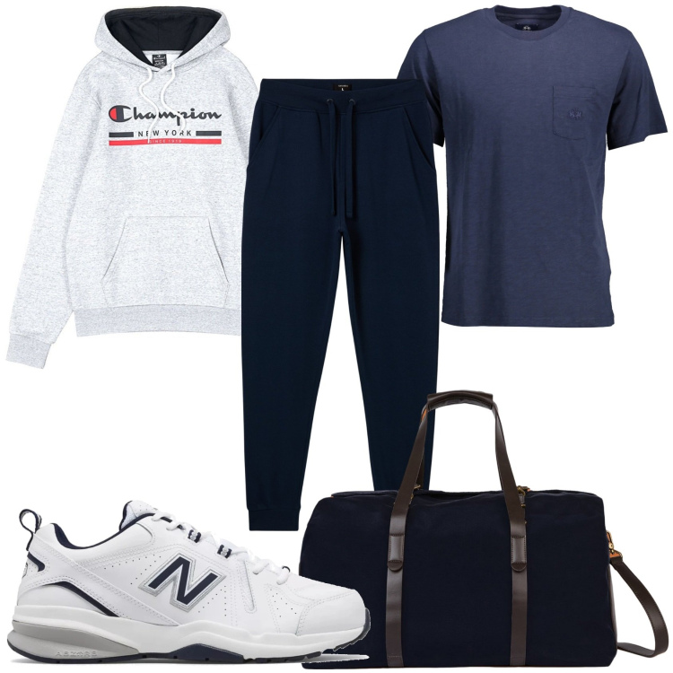 Outfit uomo - Parto per il week-end. Stile Casual per Tutti i giorni. Abbinamento con pantaloni sportivi, sneakers, felpe con cappuccio, borse sportive, t-shirt.