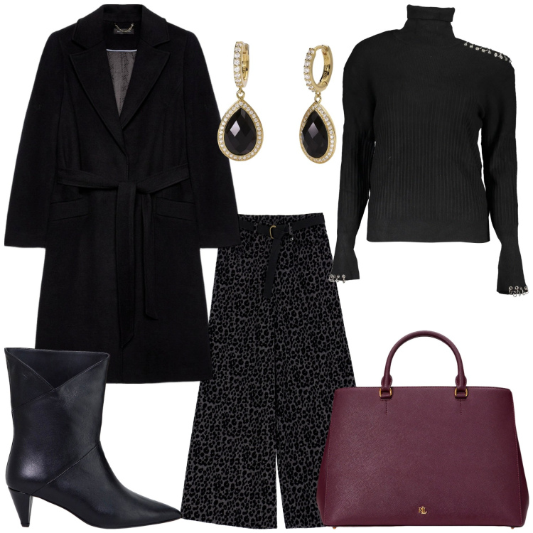 Outfit donna - New Year, New Layers. Stile Trendy per Tutti i giorni. Abbinamento con orecchini, pantaloni a palazzo, stivaletti, borse a mano, cappotti, maglieria.