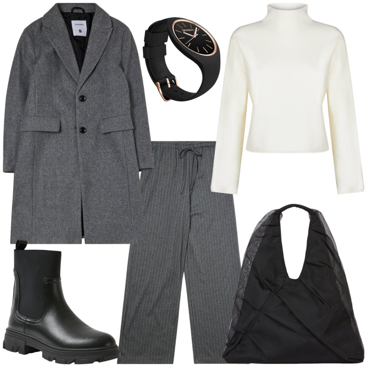 Outfit donna - L\'orologio Freddy. Stile Basic per Tutti i giorni. Abbinamento con pantaloni, cappotti, stivaletti chelsea, orologi, shopping bag, cardigans.