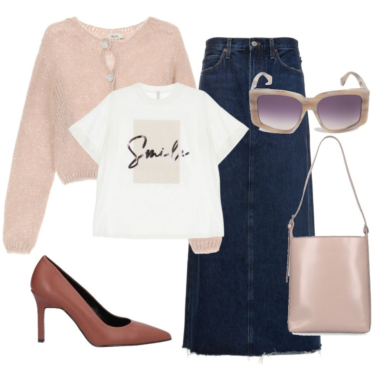 Outfit donna - Femminilità senza confini. Stile Casual per Tutti i giorni. Abbinamento con décolleté, t-shirt, cardigans, gonne, borse a spalla, occhiali da sole.