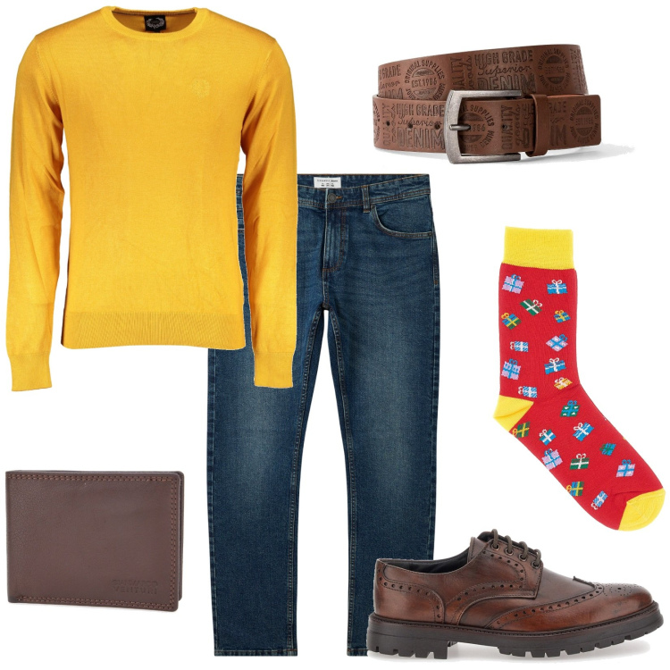 Outfit uomo - Calzini colorati, che passione!. Stile Casual per Tutti i giorni. Abbinamento con cinture, jeans, calzini, portafogli, maglieria, scarpe stringate.