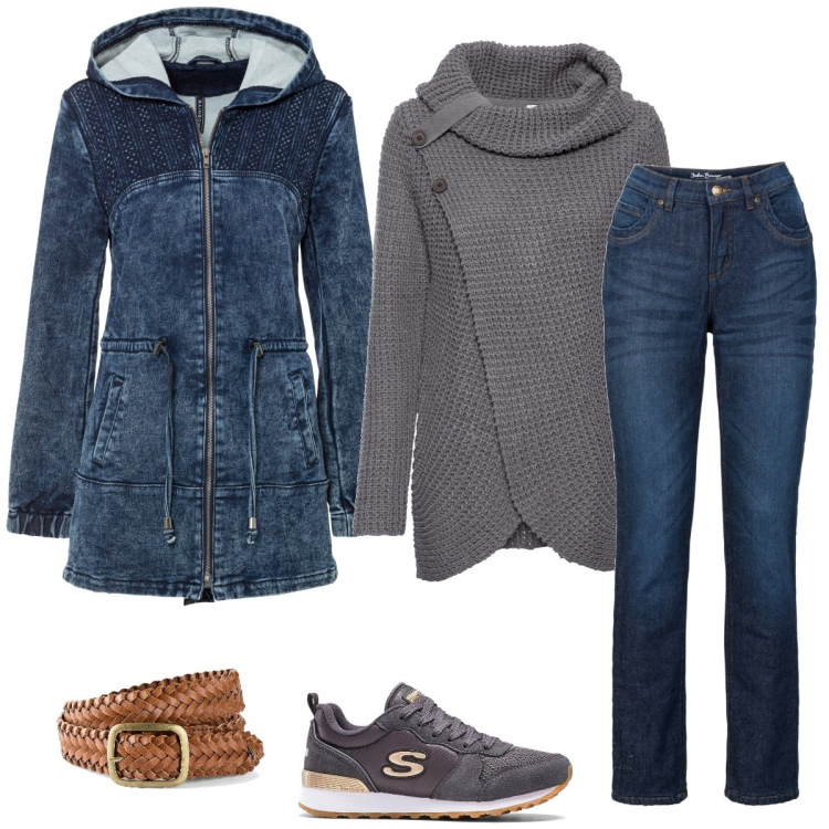 Outfit donna - Total look #2029792. Stile Casual per Tutti i giorni. Abbinamento con maglieria, parka, sneakers, cinture, jeans dritti.