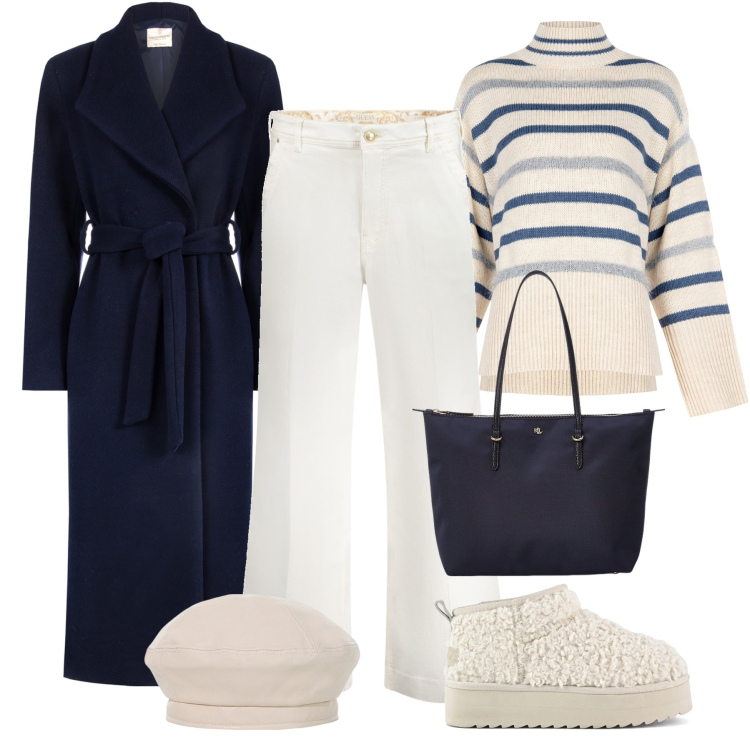 Outfit donna - Il cappotto blu a vestaglia. Stile Casual chic per Tutti i giorni. Abbinamento con cappotti, maglieria, cappelli e berretti, borse tote, stivaletti, jeans.