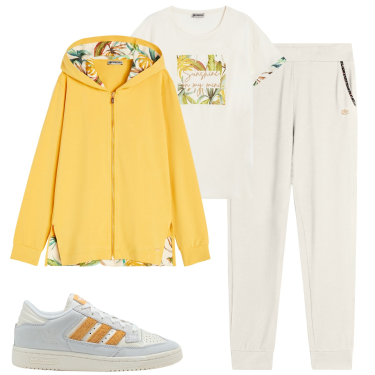 Outfit donna - Sognando primavera. Stile Casual per Tutti i giorni. Abbinamento con sneakers, pantaloni, felpe con cappuccio, t-shirt.