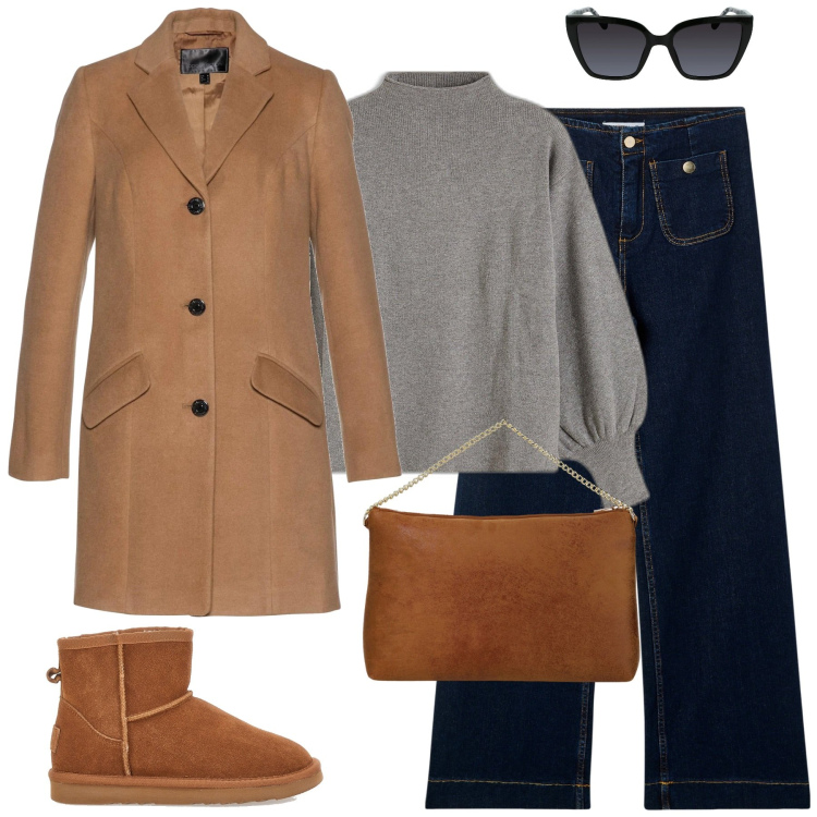 Outfit donna - City. Stile Urban per Tutti i giorni. Abbinamento con maglieria, cappotti, jeans, pochette, stivaletti, occhiali da sole.