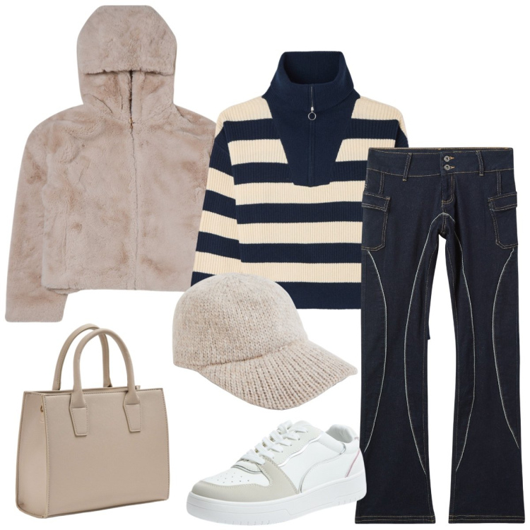 Outfit donna - Total look #2029818. Stile Casual per Scuola/Università. Abbinamento con jeans a zampa, cappelli, shopping bag, maglieria, sneakers, blazer.