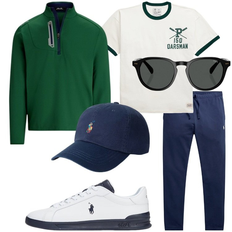 Outfit uomo - Casual by Ralph Lauren. Stile Casual per Sport. Abbinamento con occhiali da sole, pantaloni, sneakers, cappelli, pullovers, t-shirt.