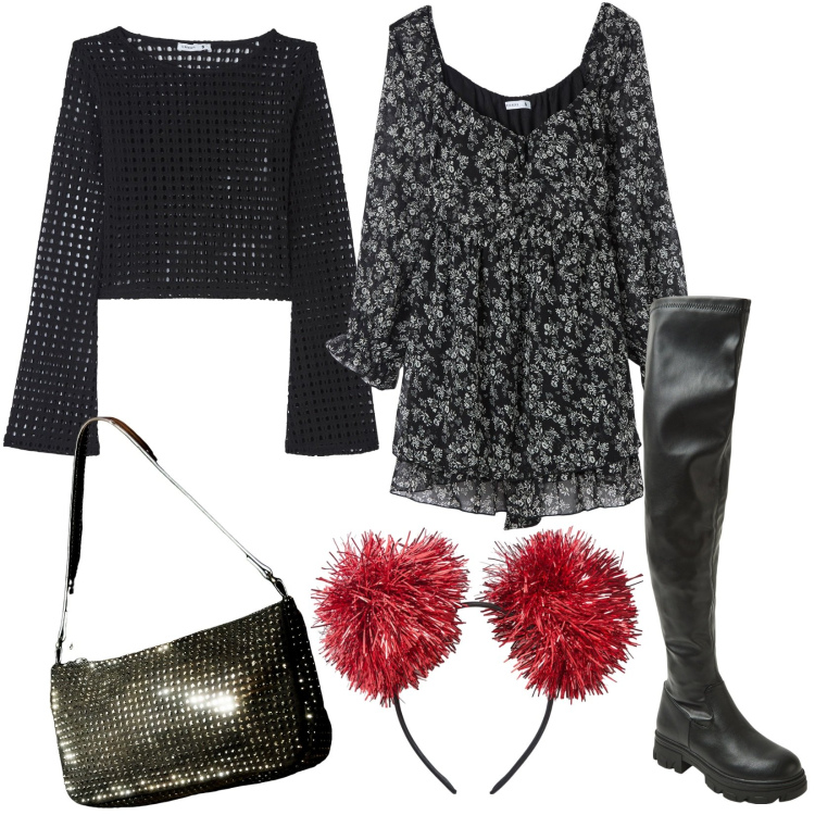 Outfit donna - Terranova, saldi invernali per un party. Stile Trendy per Serata fuori. Abbinamento con vestiti, maglieria, cerchietti, borse a spalla, stivali.
